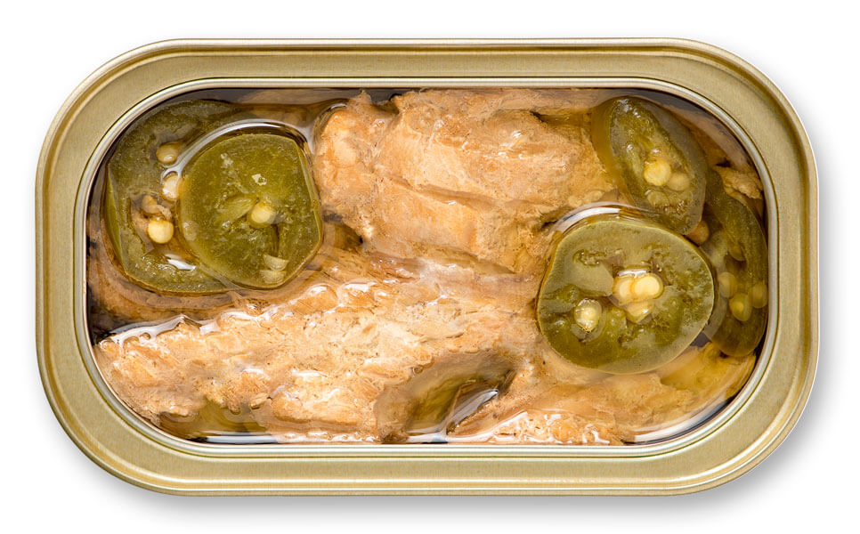 Skinless & Boneless Mackerel Fillets with Jalapeño Peppers open can